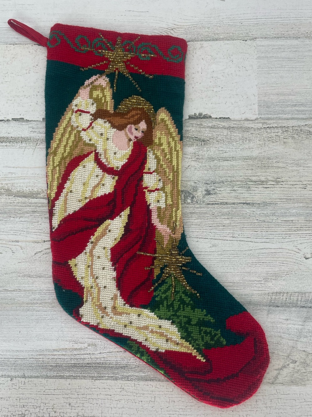 Vintage Needlepoint Christmas Stocking Angel Metallic Star Beads Beaded Tapestry